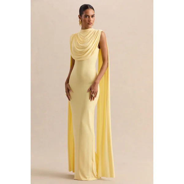 Patrina | Robe longue citron à encolure montante avec détails drapés et manches cape