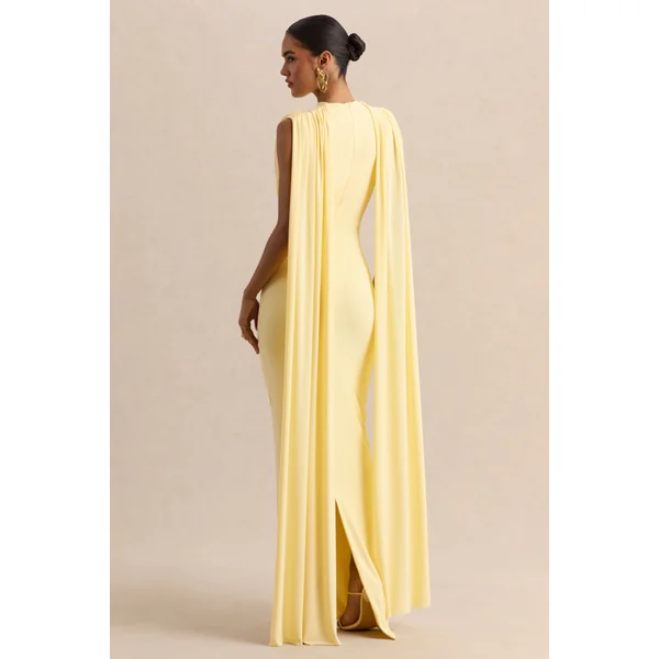 Patrina | Robe longue citron à encolure montante avec détails drapés et manches cape