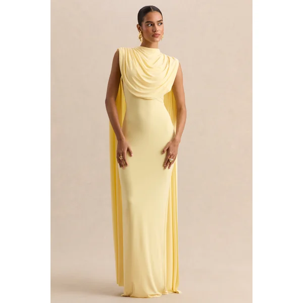 Patrina | Robe longue citron à encolure montante avec détails drapés et manches cape