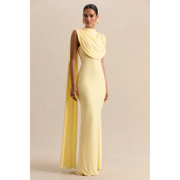 Patrina | Robe longue citron à encolure montante avec détails drapés et manches cape