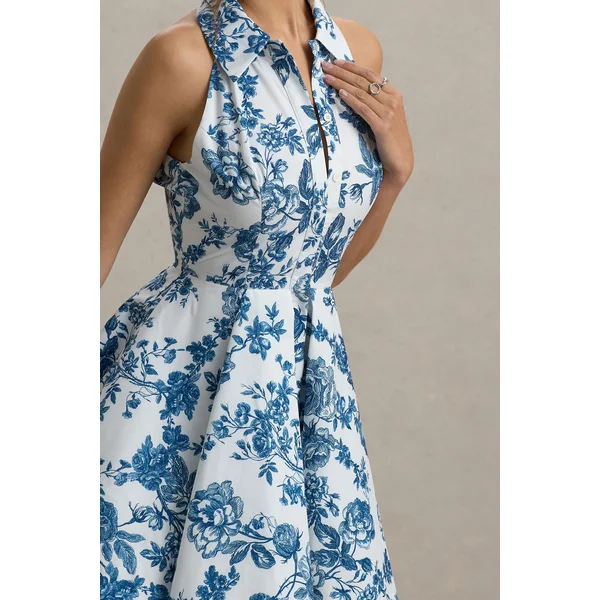 Paulie | Mini-Robe Patineuse en Popeline Imprimée Bleu Porcelaine