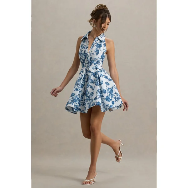 Paulie | Mini-Robe Patineuse en Popeline Imprimée Bleu Porcelaine