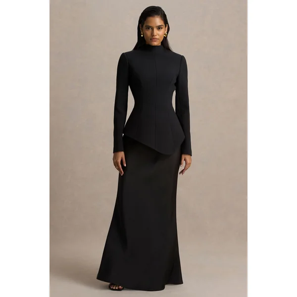 Pepita | Robe longue noire à coupe tailleur col montant taille basse et jupe en satin