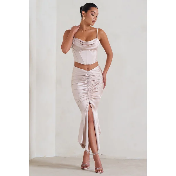 Per Favore | Jupe longue fendue froncée en satin champagne
