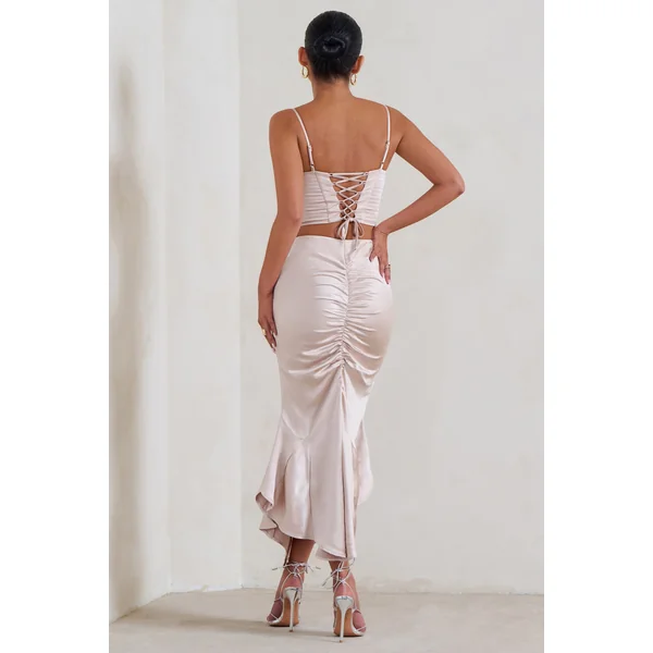 Per Favore | Jupe longue fendue froncée en satin champagne
