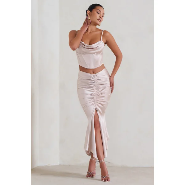 Per Favore | Jupe longue fendue froncée en satin champagne
