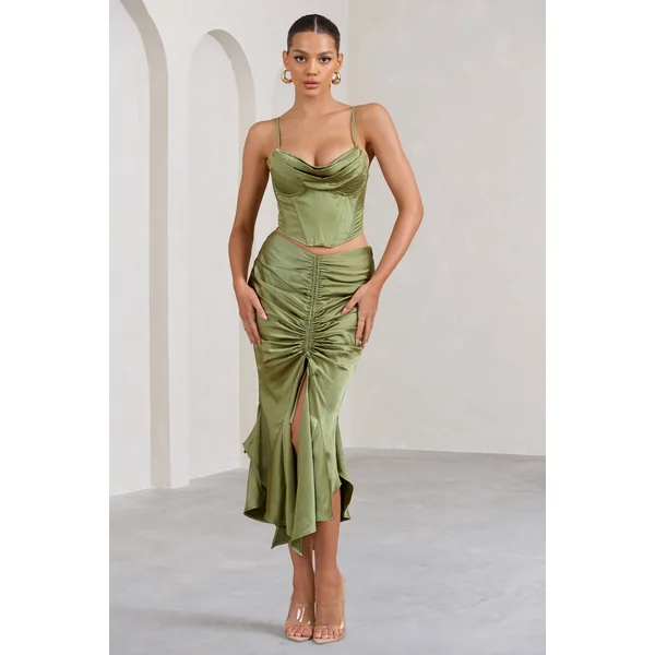 Per Favore | Jupe longue fendue froncée en satin vert olive