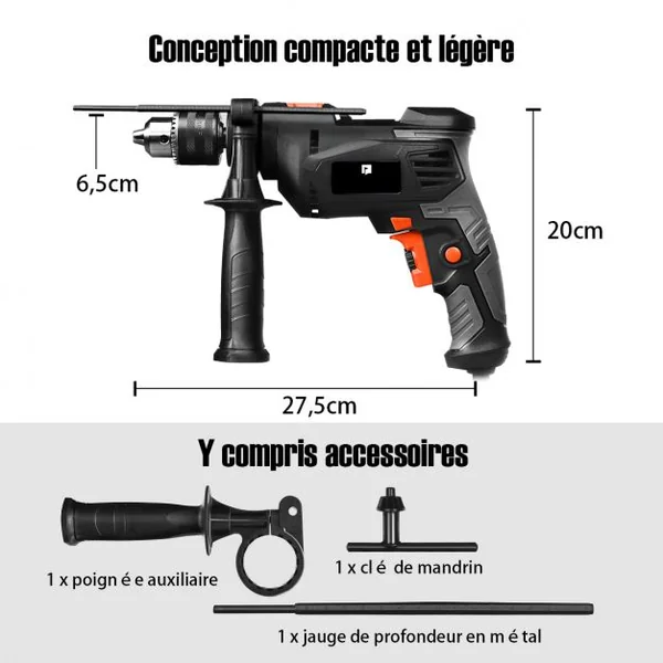 Perceuse à Percussion 2 en 1 Marteau Perforateur Mandrin 1,5-13mm Vitesse Variable Clé à Mandrin