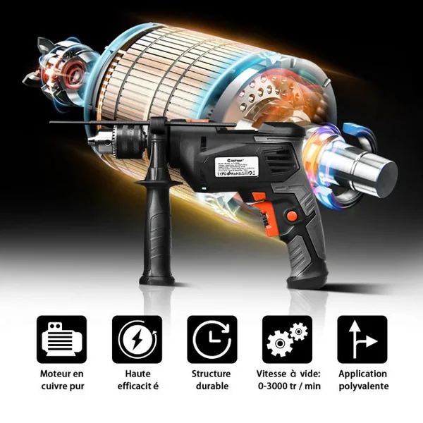 Perceuse à Percussion 2 en 1 Marteau Perforateur Mandrin 1,5-13mm Vitesse Variable Clé à Mandrin