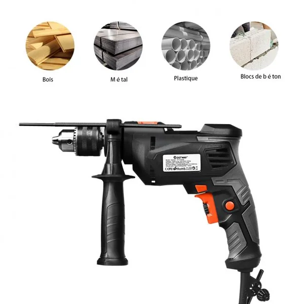 Perceuse à Percussion 2 en 1 Marteau Perforateur Mandrin 1,5-13mm Vitesse Variable Clé à Mandrin