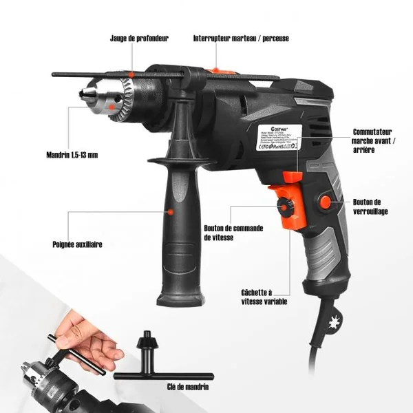 Perceuse à Percussion 2 en 1 Marteau Perforateur Mandrin 1,5-13mm Vitesse Variable Clé à Mandrin