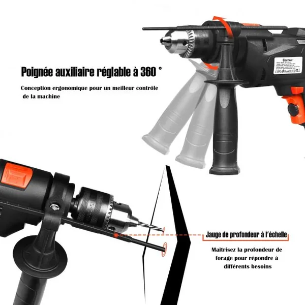 Perceuse à Percussion 2 en 1 Marteau Perforateur Mandrin 1,5-13mm Vitesse Variable Clé à Mandrin