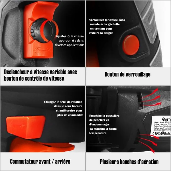 Perceuse à Percussion 2 en 1 Marteau Perforateur Mandrin 1,5-13mm Vitesse Variable Clé à Mandrin