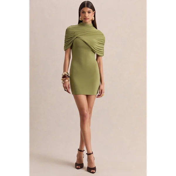 Perdi | Mini-robe bodycon olive avec cape torsadée