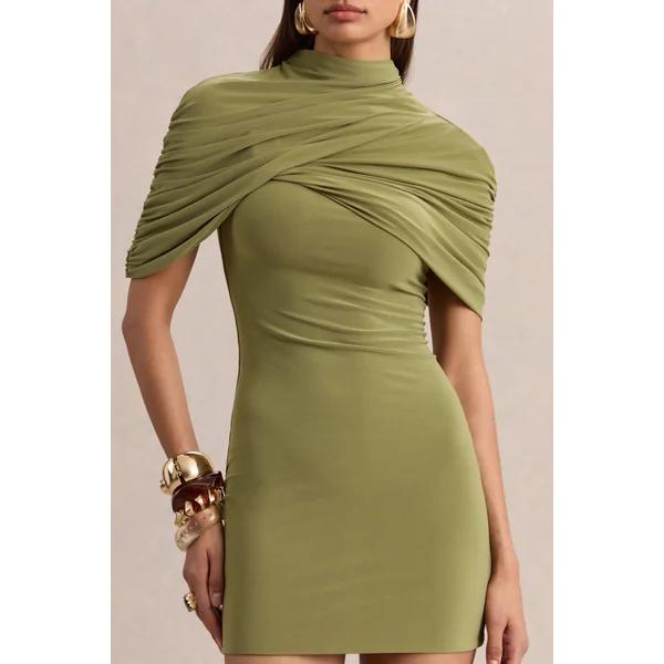 Perdi | Mini-robe bodycon olive avec cape torsadée