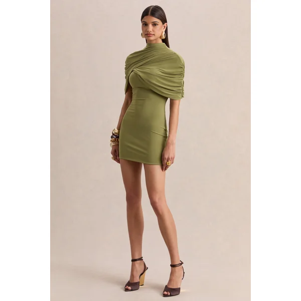Perdi | Mini-robe bodycon olive avec cape torsadée