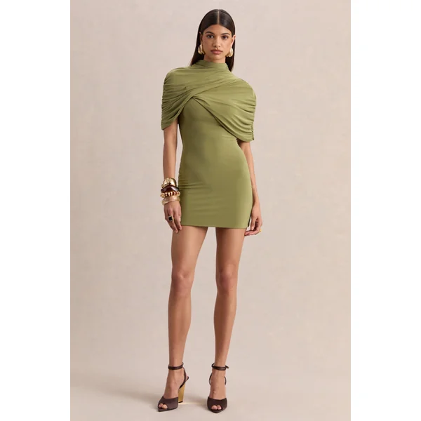 Perdi | Mini-robe bodycon olive avec cape torsadée