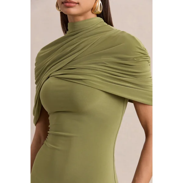 Perdi | Mini-robe bodycon olive avec cape torsadée