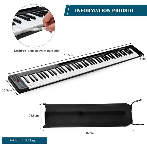 Piano Numérique Portable 88 Touches avec Fonction Bluetooth Filtres Clavier Électronique Dynamiques Réglables