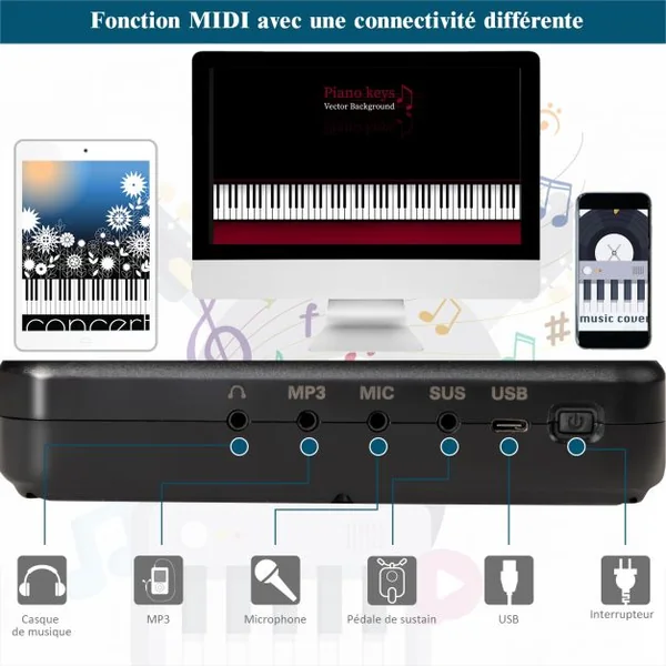 Piano Numérique Portable 88 Touches avec Fonction Bluetooth Filtres Clavier Électronique Dynamiques Réglables