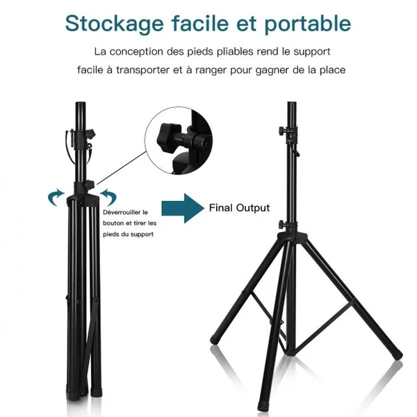 Pied d'Enceinte Pliant Trépied de Haut-parleurs Pliable Hauteur Réglable 97-181cm Capacité 50kg en Fer et PP Noir