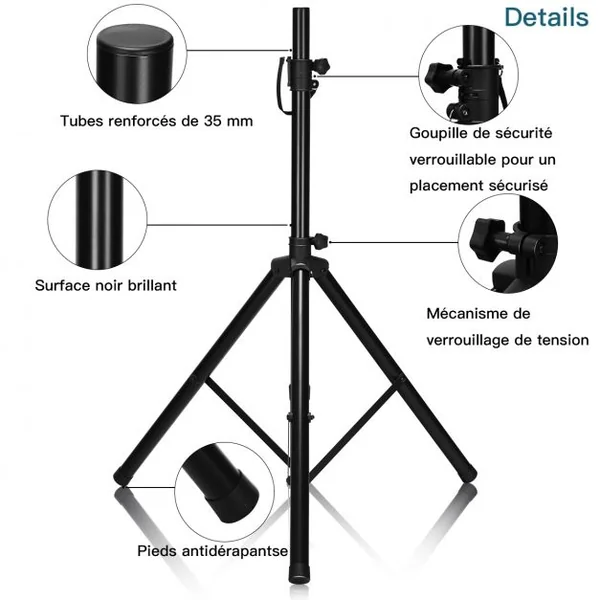 Pied d'Enceinte Pliant Trépied de Haut-parleurs Pliable Hauteur Réglable 97-181cm Capacité 50kg en Fer et PP Noir