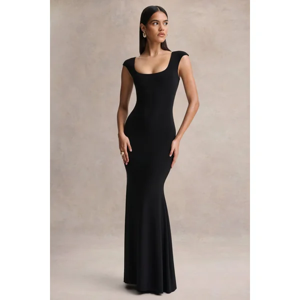 Piper | Robe longue noire à encolure carrée et manches courtes