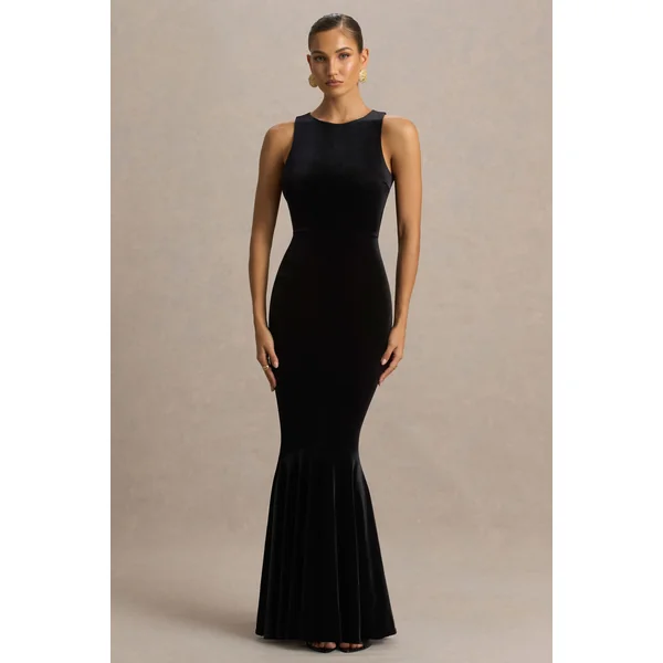 Pippa | Robe longue sirène en velours noir à col rond
