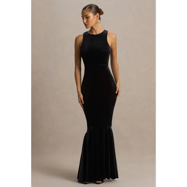 Pippa | Robe longue sirène en velours noir à col rond