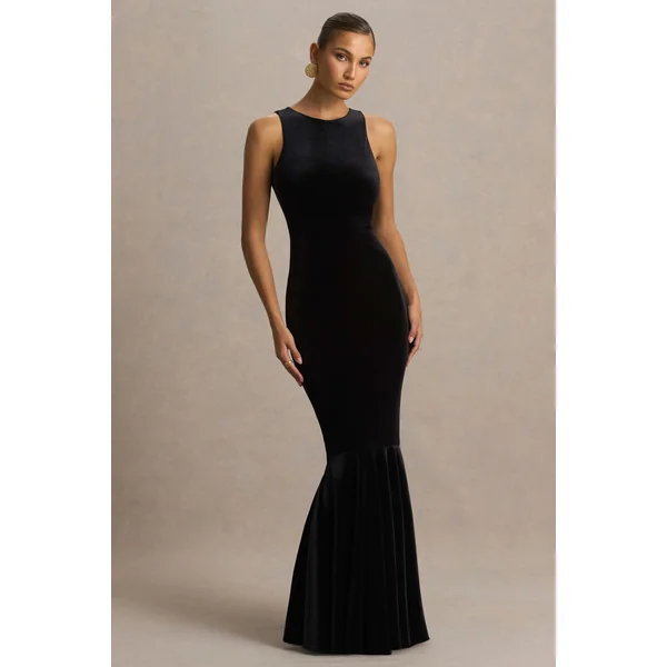 Pippa | Robe longue sirène en velours noir à col rond