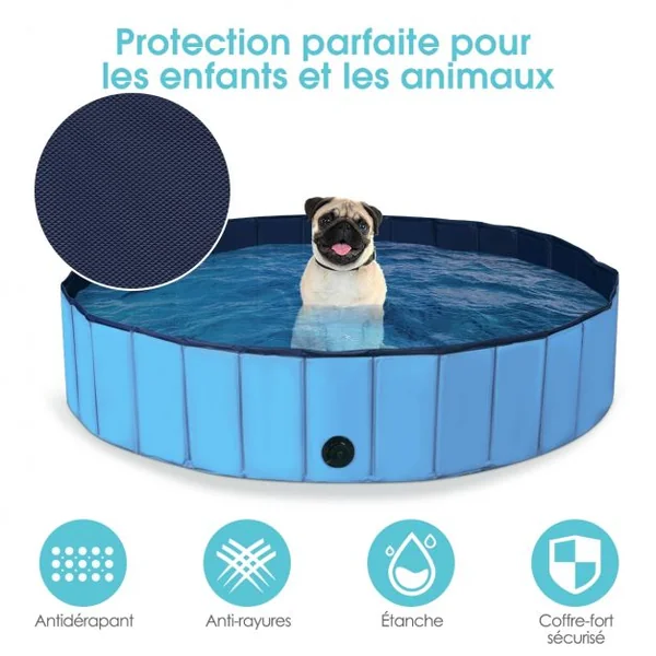 Piscine Pliable pour Chiens 160x30CM avec Robinet de Vidange Rotatif et Fond Antidérapant en PVC Bleu