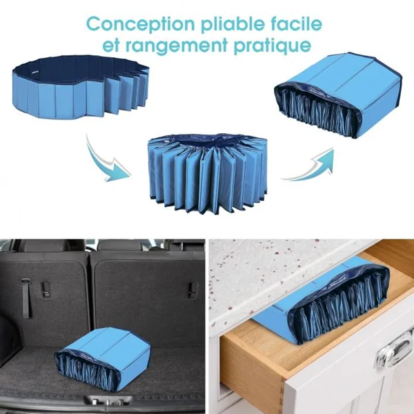 Piscine Pliable pour Chiens 160x30CM avec Robinet de Vidange Rotatif et Fond Antidérapant en PVC Bleu