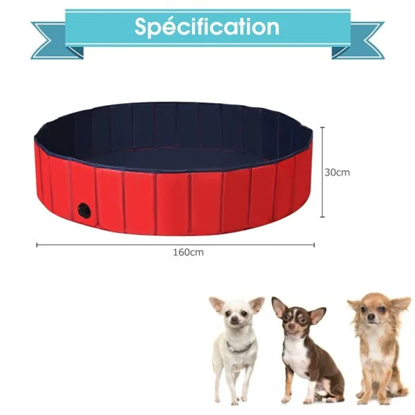Piscine Pliable pour Chiens 160x30CM avec Robinet de Vidange Rotatif et Fond Antidérapant en PVC Rouge