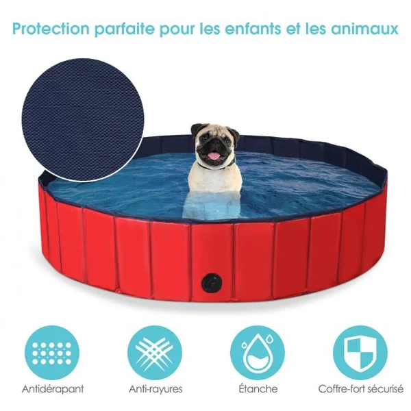 Piscine Pliable pour Chiens 160x30CM avec Robinet de Vidange Rotatif et Fond Antidérapant en PVC Rouge