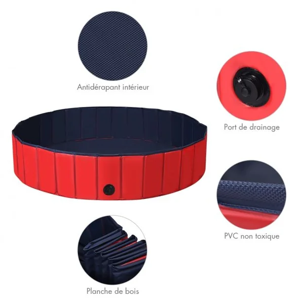 Piscine Pliable pour Chiens 160x30CM avec Robinet de Vidange Rotatif et Fond Antidérapant en PVC Rouge