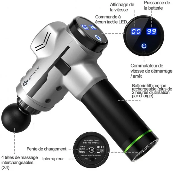 Pistolet de Massage Professionnel à 6 Vitesses Réglables Appareil de Massage 4 Têtes de Massage Sacoche Batterie 2400mAh