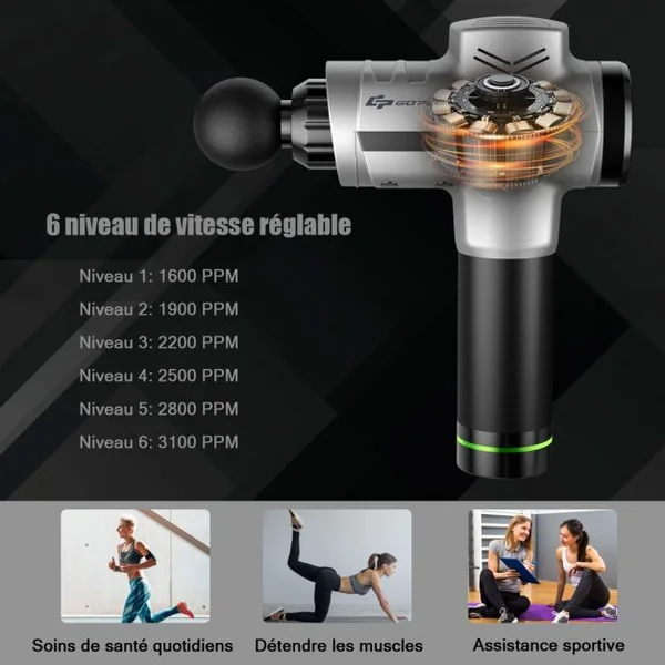 Pistolet de Massage Professionnel à 6 Vitesses Réglables Appareil de Massage 4 Têtes de Massage Sacoche Batterie 2400mAh