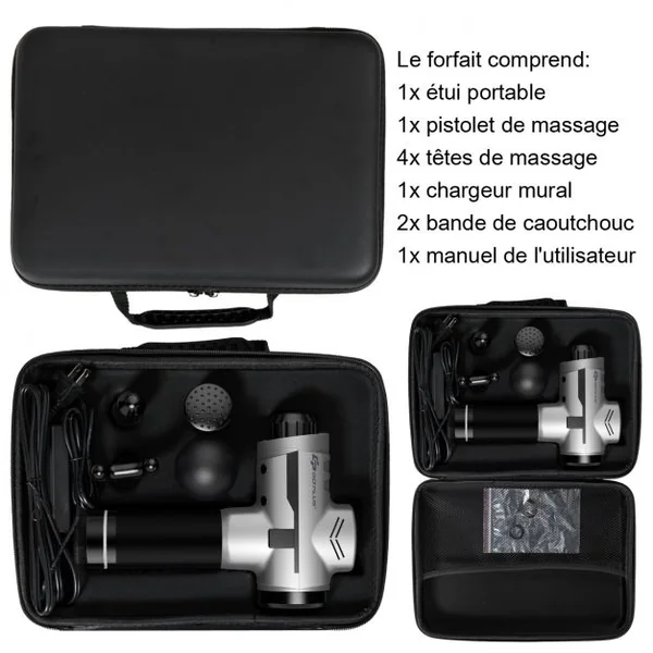Pistolet de Massage Professionnel à 6 Vitesses Réglables Appareil de Massage 4 Têtes de Massage Sacoche Batterie 2400mAh