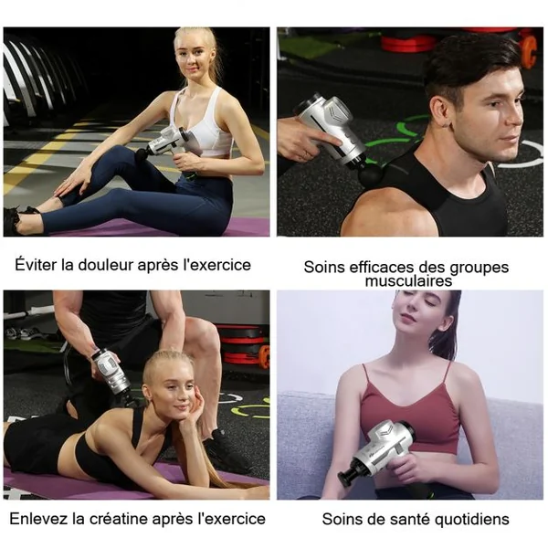 Pistolet de Massage Professionnel à 6 Vitesses Réglables Appareil de Massage 4 Têtes de Massage Sacoche Batterie 2400mAh