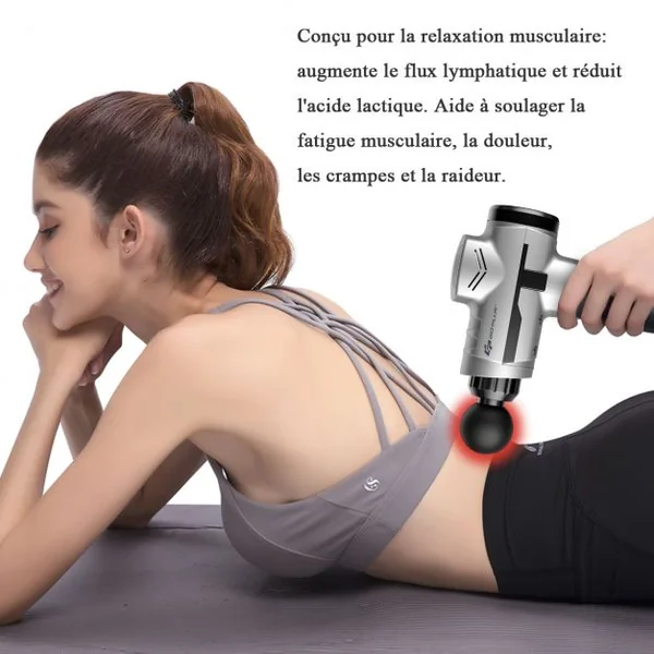 Pistolet de Massage Professionnel à 6 Vitesses Réglables Appareil de Massage 4 Têtes de Massage Sacoche Batterie 2400mAh