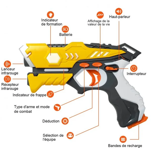 Pistolets Laser pour 2 Joueurs Jaune/Rouge Laser Game Infrarouge Sans Fil Ballon Volant 2 Talkie-walkie 4 Modes de Jeu
