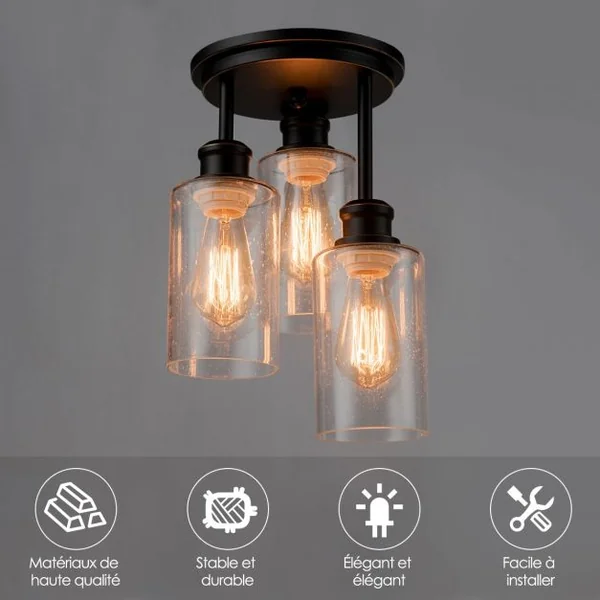 Plafonnier Moderne Industriel à 3 Spots en Métal Abat-jour en Verre de Semence 60W Prise E27