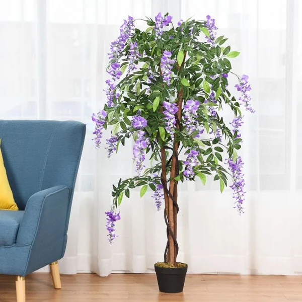 Plante artificielle 150cm en pot Fausse plante Wisteria avec fleurs violettes pour décoration intérieur ou extérieur