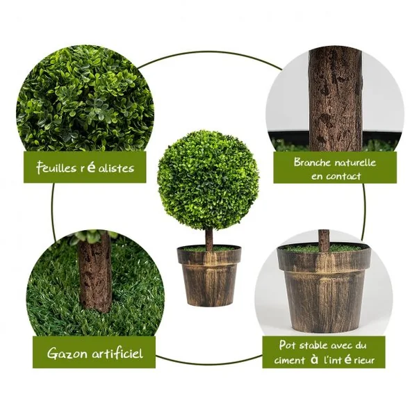 Plante Artificielle Topiaire 2 x Buis Artificiels Ronds Hauteur 55cm Décoration