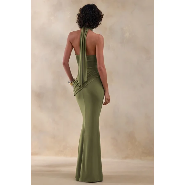 Polina | Robe longue olive à encolure haute avec drapé et détail doré