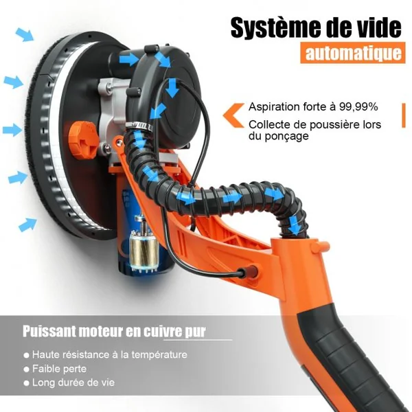 Ponceuse de Plaque de Plâtre 750W avec Lumière LED 6 Vitesses Variables 800-1750 tr/min