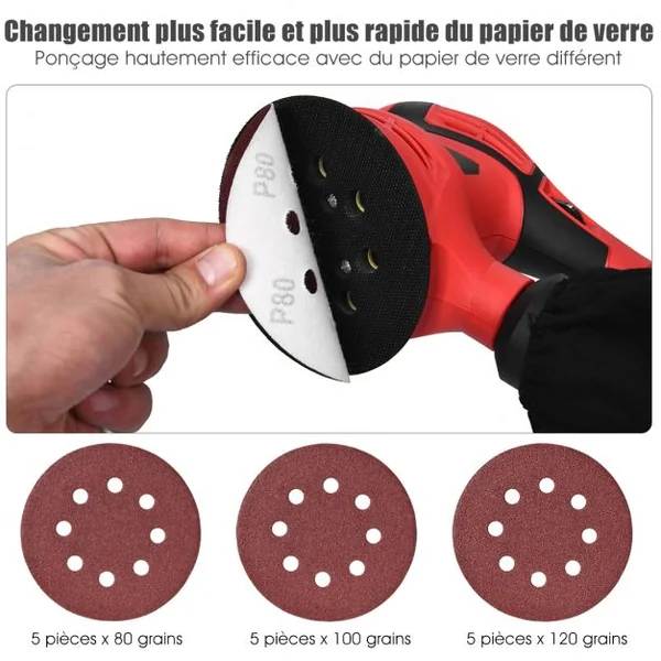 Ponceuse Excentrique 280w Diamètre 125mm 6 Vitesses Variables 6500-12000rpm pour 3 Tailles de Disques Accessoires