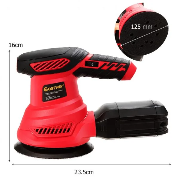 Ponceuse Excentrique 300W Diamètre 125MM 6 Vitesses Variables 6000-13000 tr/min avec 12 Papiers de Verre et Sac à Poussière