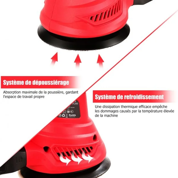 Ponceuse Excentrique 300W Diamètre 125MM 6 Vitesses Variables 6000-13000 tr/min avec 12 Papiers de Verre et Sac à Poussière