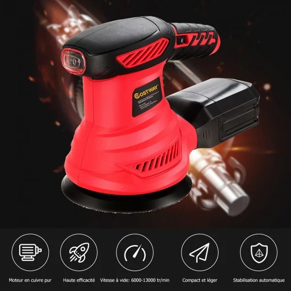 Ponceuse Excentrique 300W Diamètre 125MM 6 Vitesses Variables 6000-13000 tr/min avec 12 Papiers de Verre et Sac à Poussière